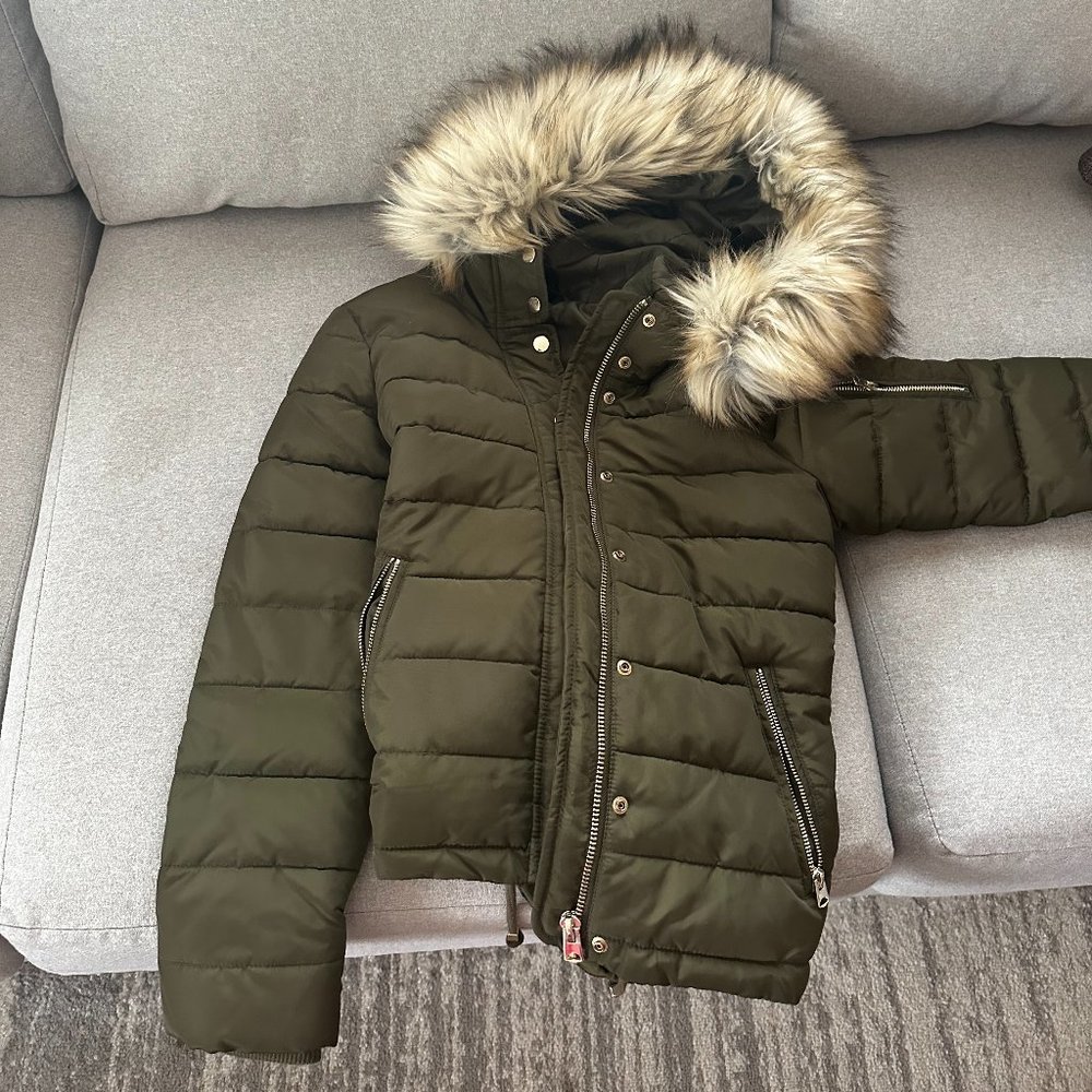 Topshop bomber jacket with faux fur lined hood